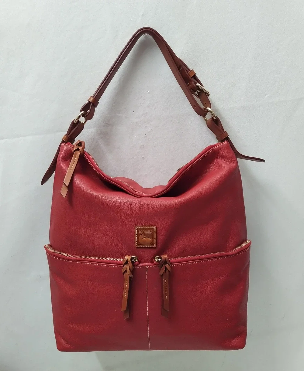 Dooney & Bourke Red Pebbled Leather Zipper Pockets Hobo Shoulder Bag